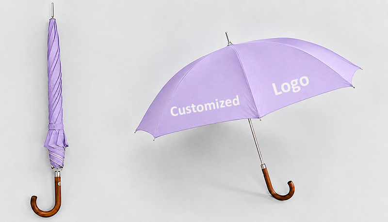 Custom golf umbrella, light purple canopy, curved wooden handle, custom logo printing available