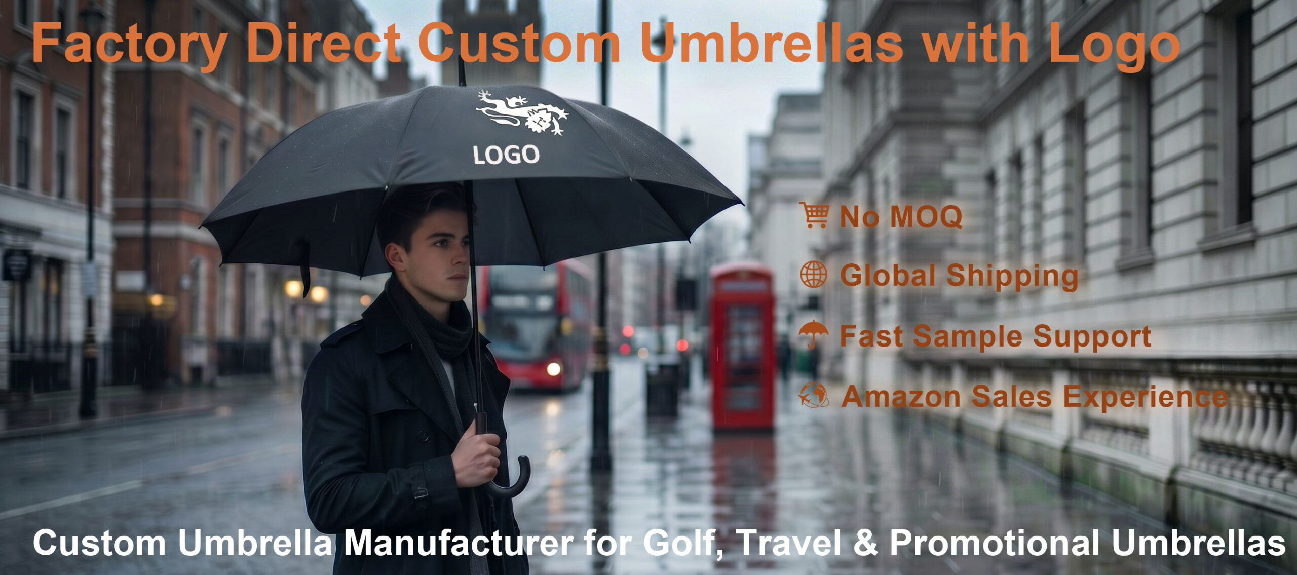 Factory direct custom umbrellas with logo for golf, travel and promotional umbrella orders